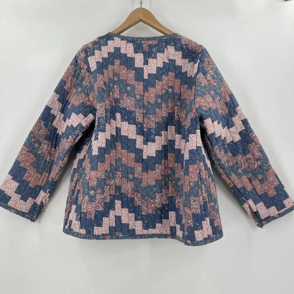 Vintage Handmade Quilted Jacket Womens Size L Blue Pink Floral Cottagecore - Picture 2 of 10